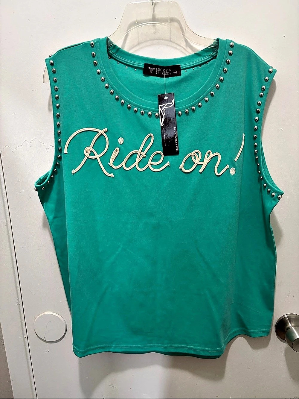 Lucky & Blessed Ride On Studded Tank Top Green 2XL